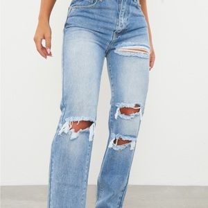 Prettylittle thing mid blue wash ripped long leg jeans size 6